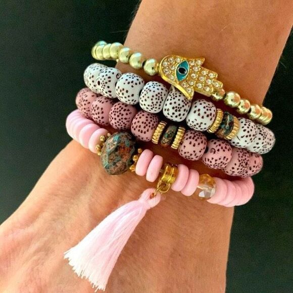 4 Boho Bracelet Stack with Hamsa, Evil Eye, Tassel & Beads - Picture 1 of 11